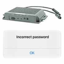 The control module included with the Rostra 250-8950 DVR system with the likeness of a message from a mobile device above it that reads Incorrect Password